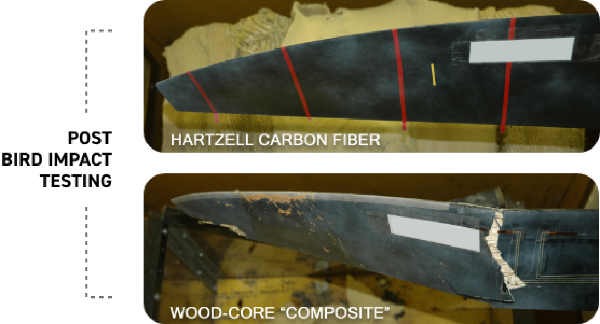 Two photos showing the difference in blade damage after a bird strike between Hartzell and a competitor