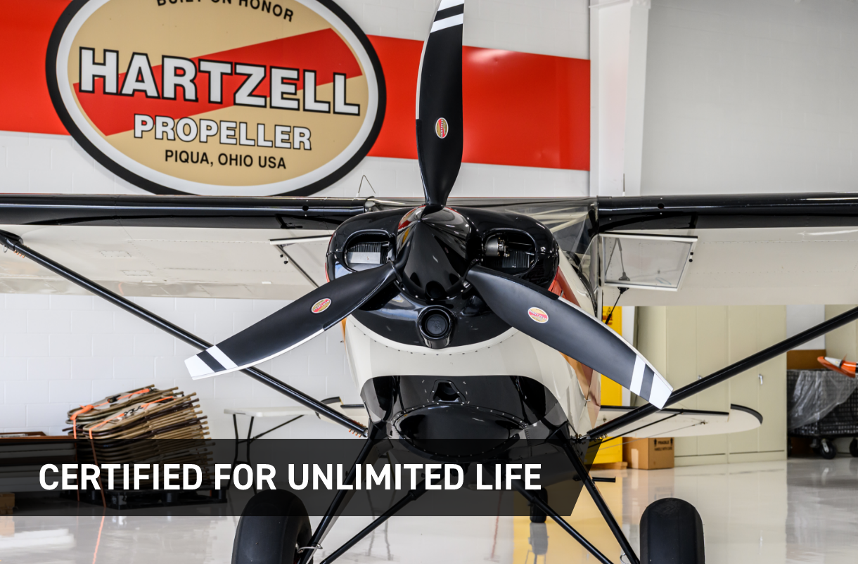 Aircraft with Hartzell blade and text: Certified for Unlimited Life