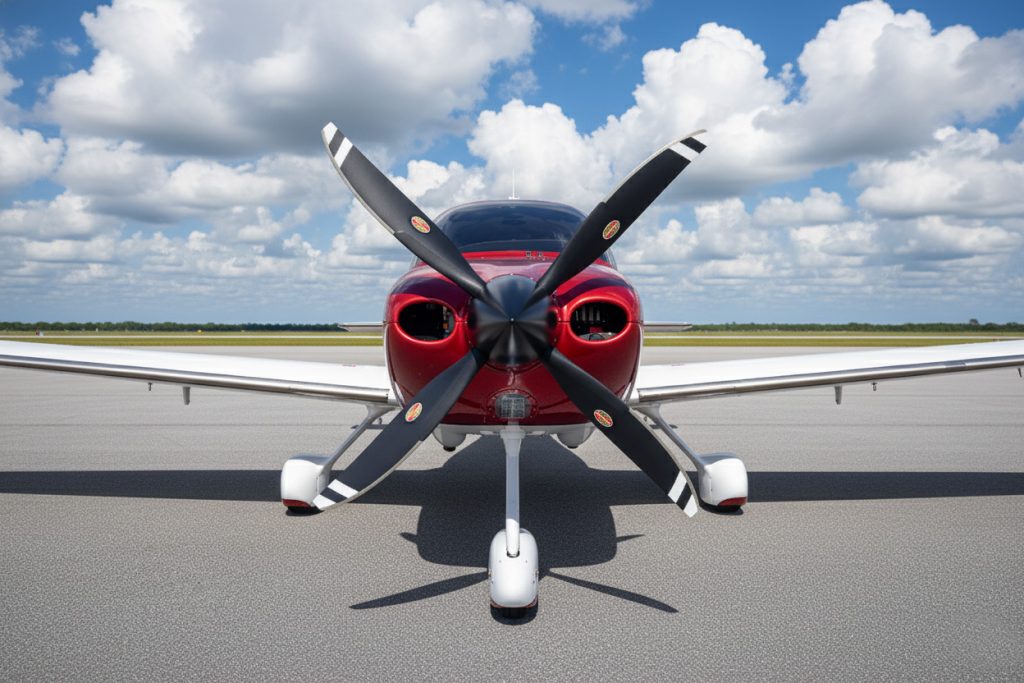 Front view of a Hartzell Propeller mounted on a Cirrus aircraft